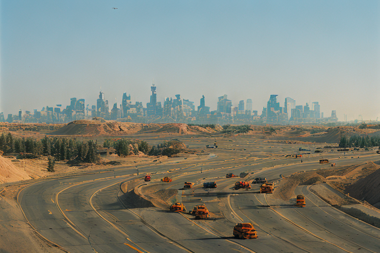 Image of road construction site with city skyline